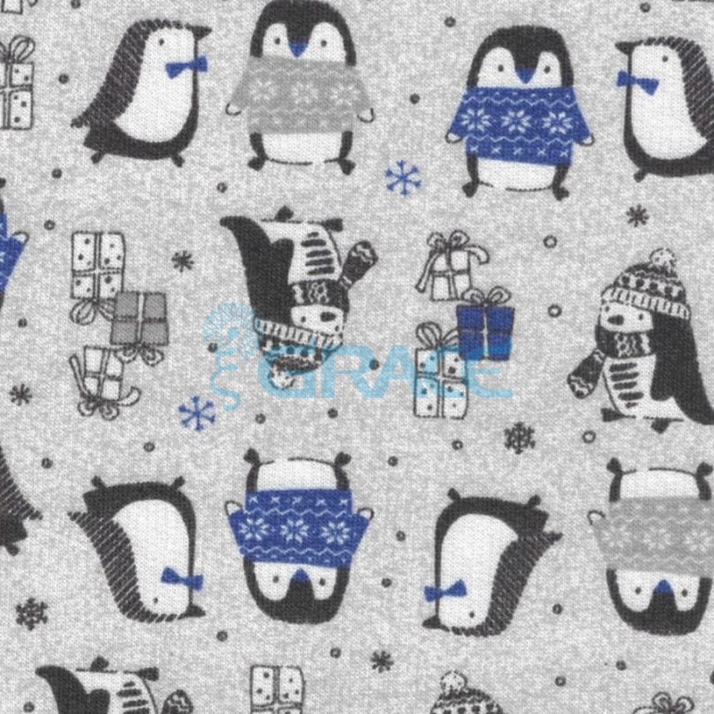 Футер 280 гр. - ткань хлопковая, трикотажная, петельчатая, с узором пингвины (синие)