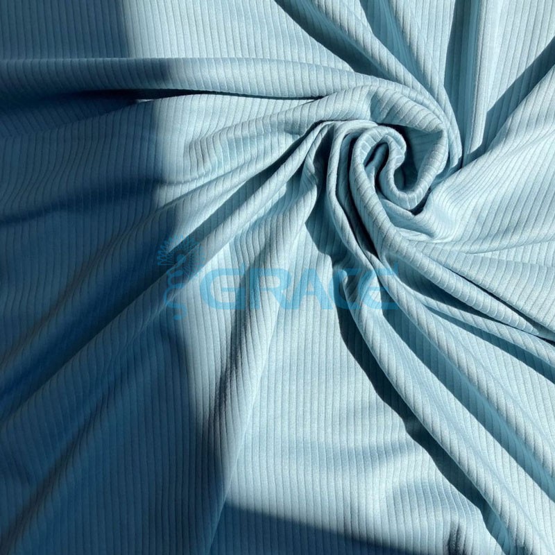 Ткань лапша - натуральная трикотажная, эластичная в светло-голубом цвете с полосками