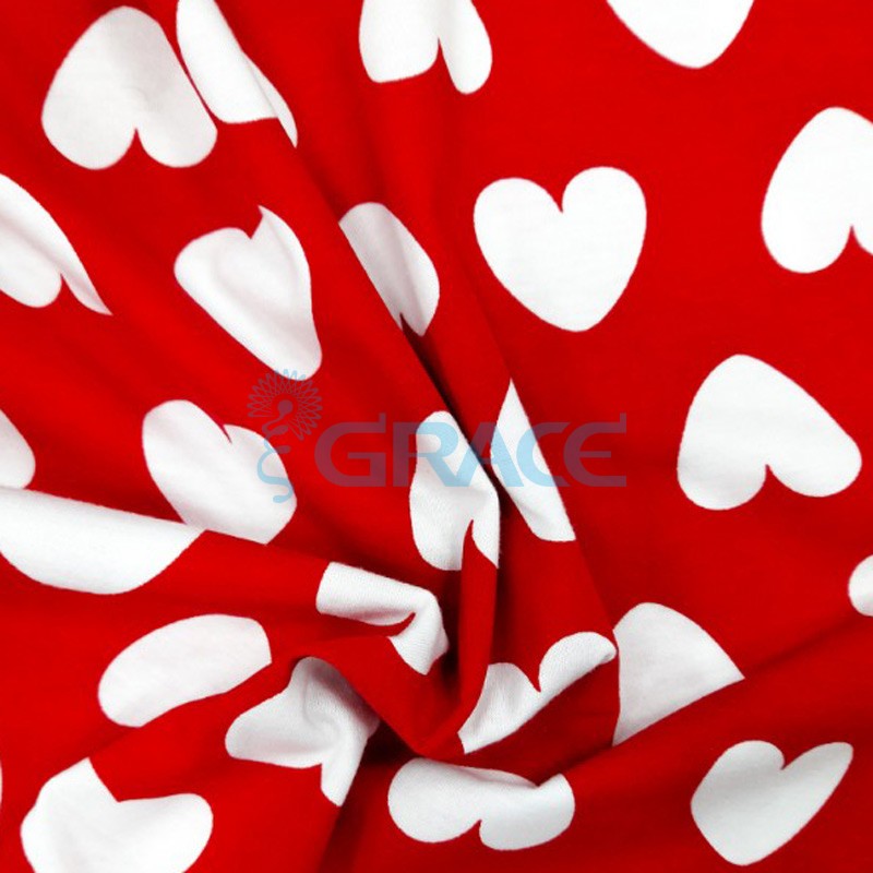 Кулирка джерси - ткань хлопковая трикотажная, белая с орнаментом красные сердца