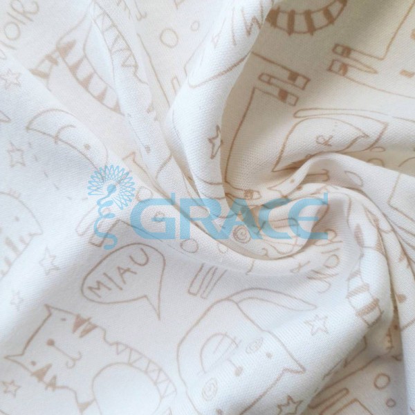 Интерлок белого цвета - ткань хлопковая трикотажная с рисунком кофейного оттенка котики