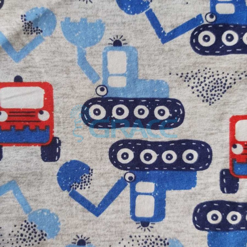 Кулирка - ткань хлопковая трикотажная, серая с рисунком: трактор, грузовик, экскаватор