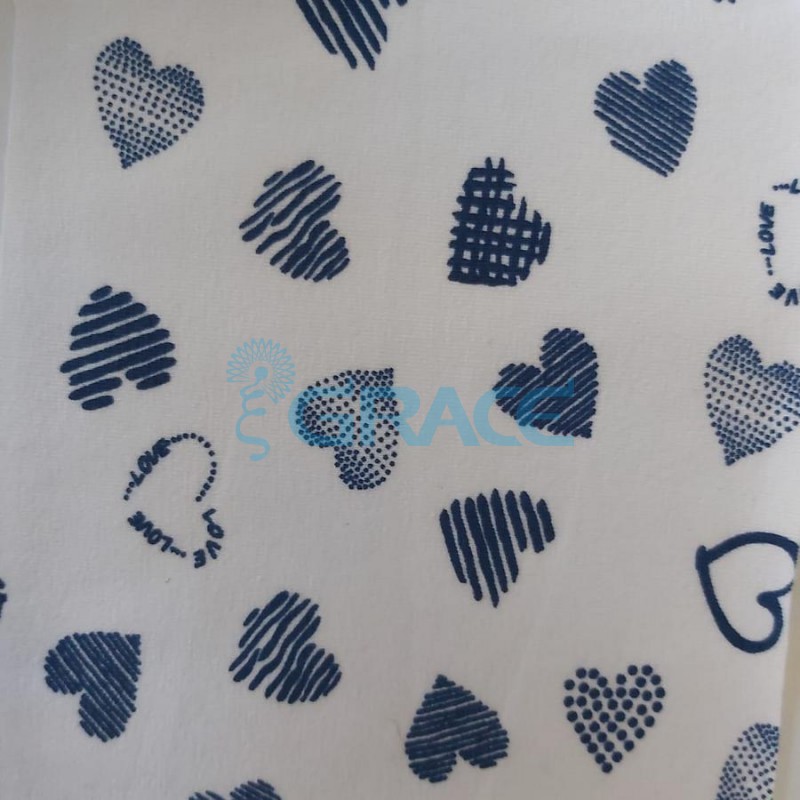 Кулирка - ткань хлопковая трикотажная, белая с рисунком синие сердца
