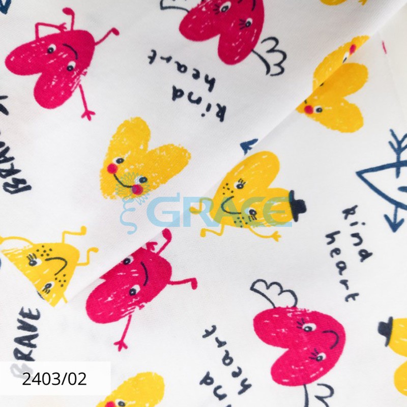 Кулирка джерси - ткань хлопковая трикотажная, белая с орнаментом из желтых и розовых сердечек