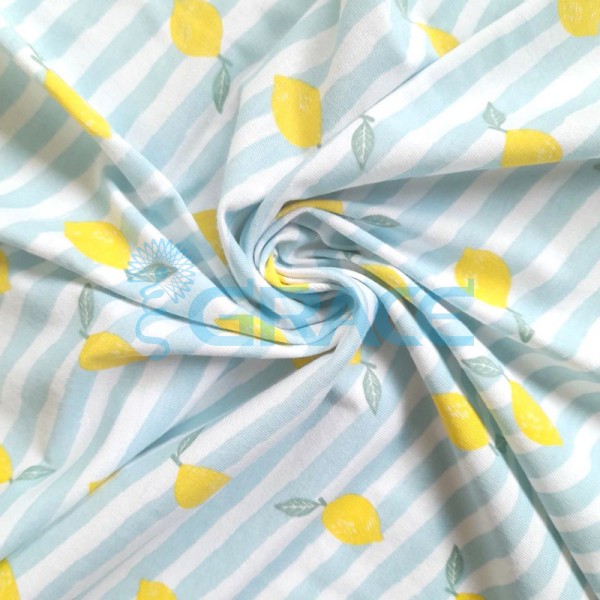Кулирка - ткань хлопковая трикотажная, белый фон, лимон на голубых полосах