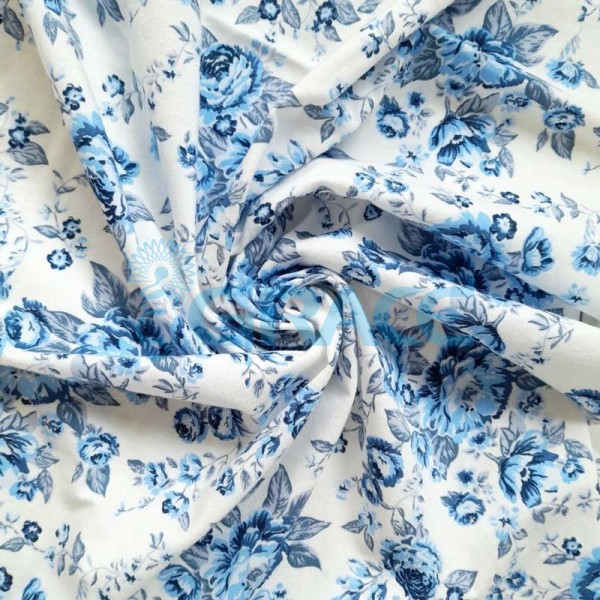 Кулирка - ткань хлопковая трикотажная, фон экрю с узором синие розы